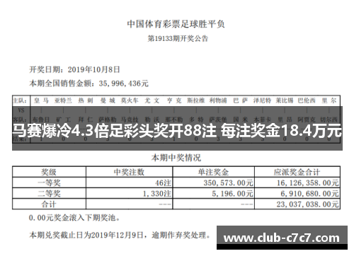 马赛爆冷4.3倍足彩头奖开88注 每注奖金18.4万元