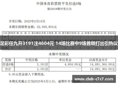 足彩任九开3191注4604元 14场比赛中9场首赔打出引热议